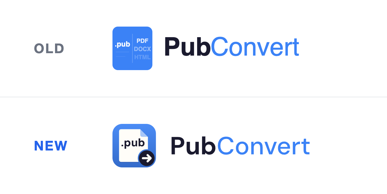 The old PubConvert logo, labelled Old, above the new logo, labelled New